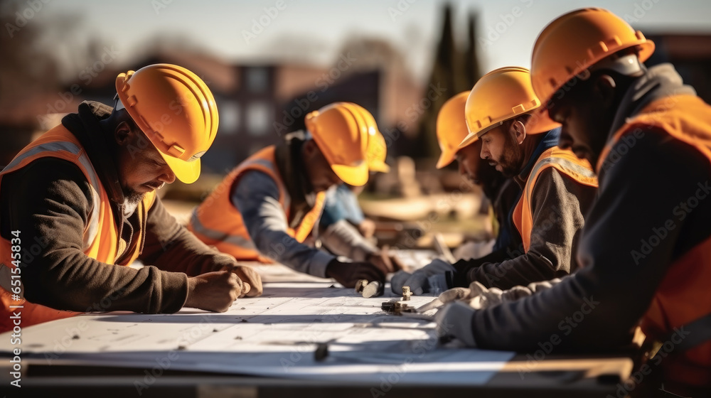 Builders and architect looking at plans together at building site.