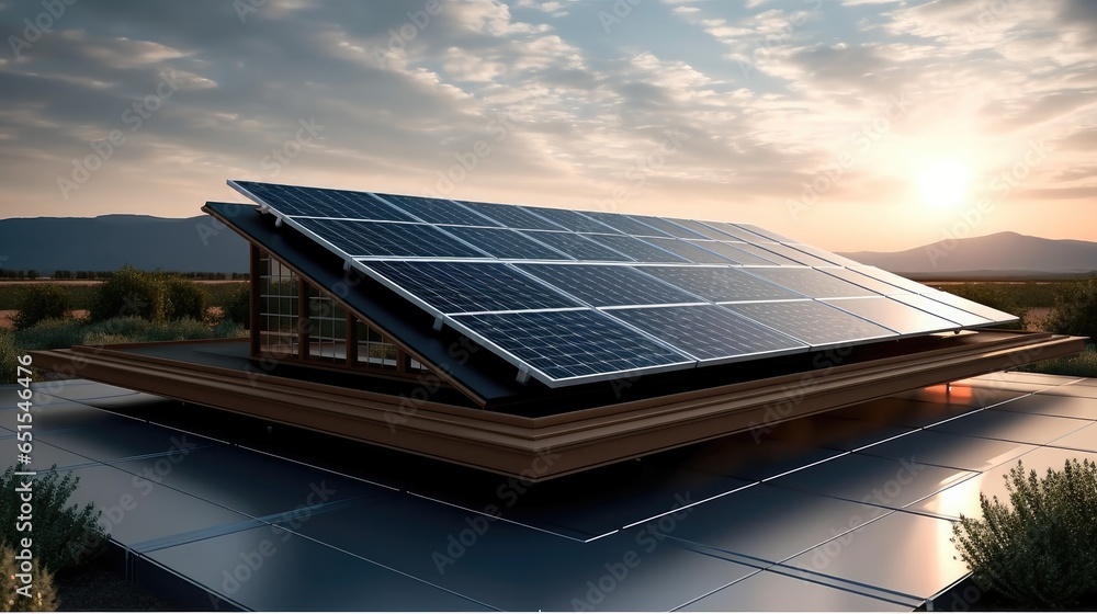 Modern solar panels on roof house.