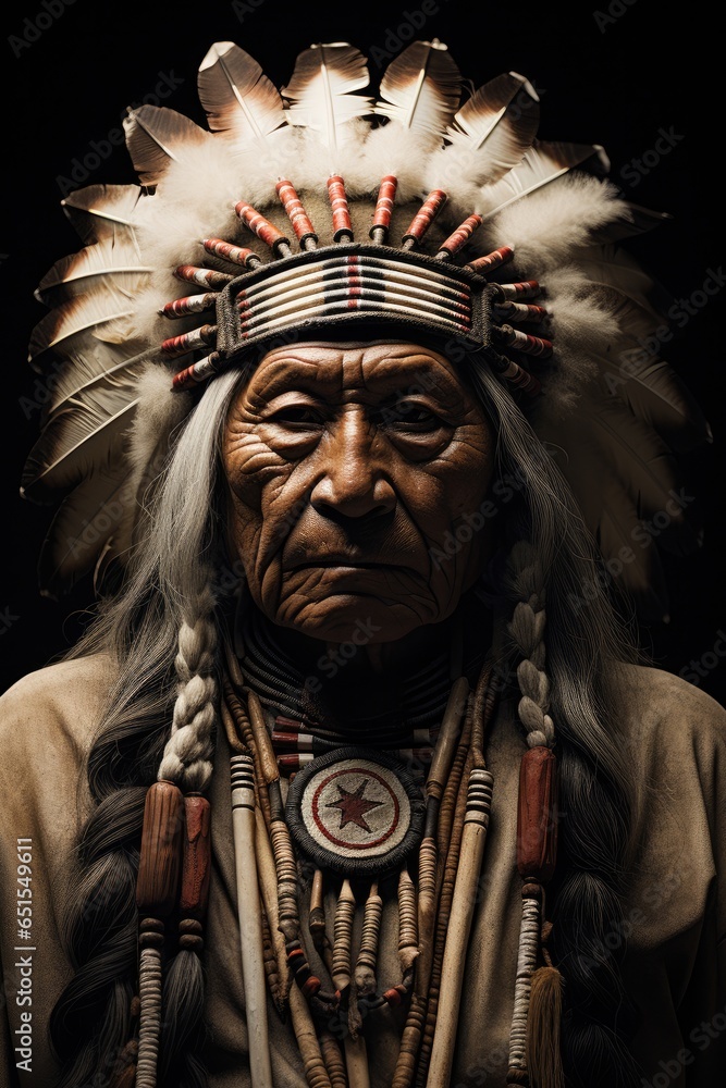 Native American chief wearing traditional clothing and and feathers.