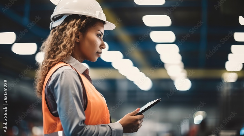 Engineer woman using tablet operating with machinery setup in industrial factory.