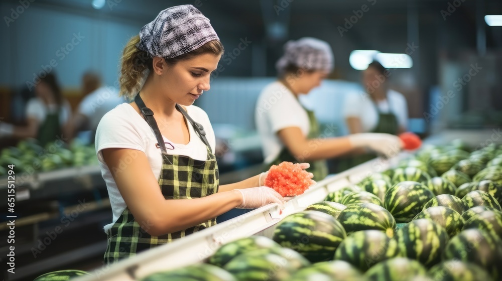 Woman worker during work sorting watermelon on grading line at fruit factory.