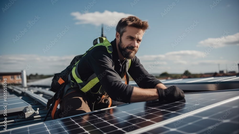 Solar power engineer doing work installing solar panels on the top roof.