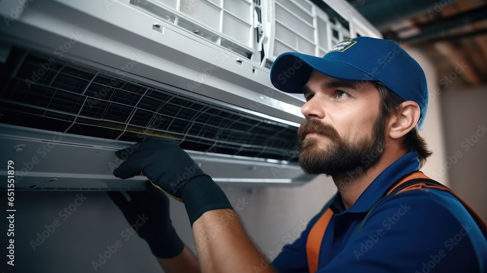 A hired worker repairman cleans and repairs the air conditioner.