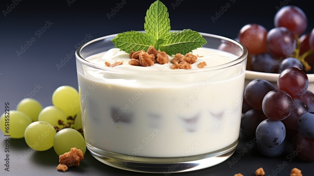 Vegetable yogurt with grape dessert is in a bowl on the table.