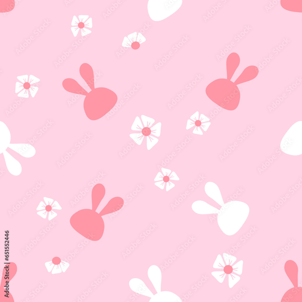 Seamless pattern with bunny rabbit cartoon and cute flower on pink background vector illustration.