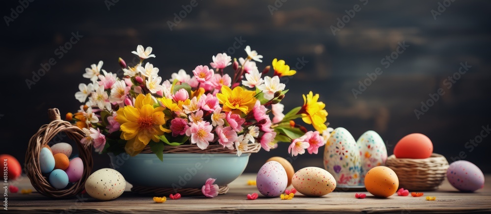 Easter themed table adorned with handmade origami eggs chicks flowers and decorations