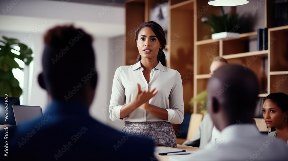 Woman Giving Office Group Training Presentation at office, Company management on a meeting.