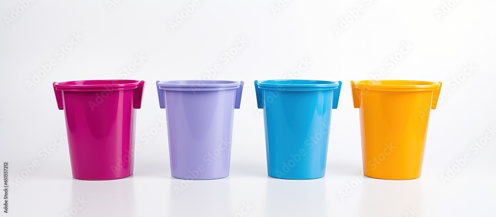 Various colored plastic pails Waste bins for home areas on a white backdrop