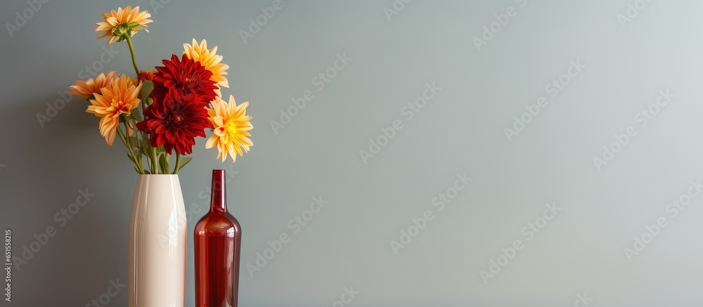 Flower filled vase displayed with wineglasses in apartment