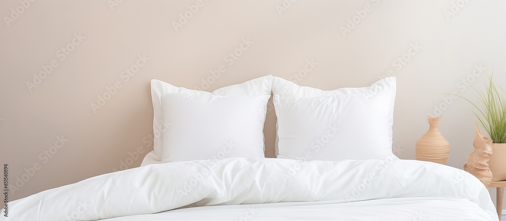 Fresh concept of a light room with close up white bedding sheets comfortable pillows and a soft pillow on the bed