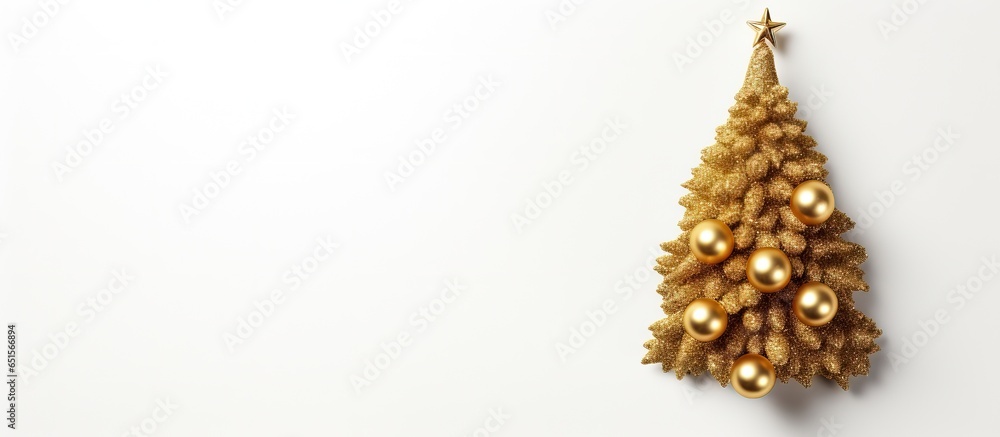 Golden sparkly Christmas tree toy on white background Top view flat