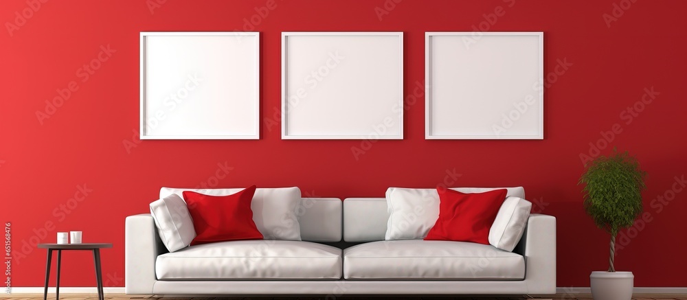 Red wall in bedroom with vertical and small horizontal poster frames illustration