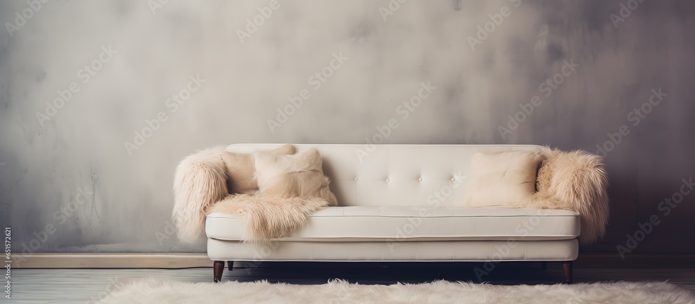 Antique white couch and furry rug on the ground