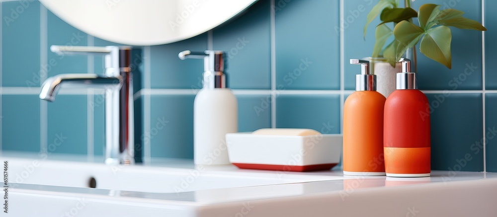 Close up of contemporary bathroom sink and accessories with white faucet detergent spray bottles cleaning product bottle brush and towel