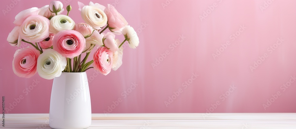 Contemporary bouquet of ranunculus in elegant white vase on white table with soft pink background