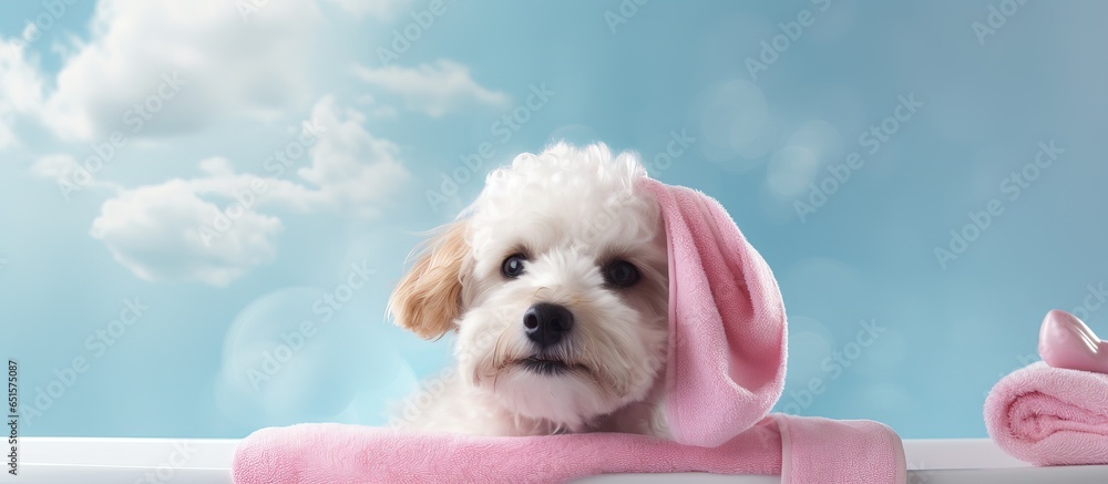 Dog with pink towel bathing under cloud