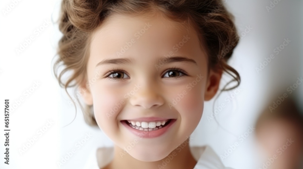 Perfect kids smile, happy child with beautiful white milk toothy smile, child dental care. 