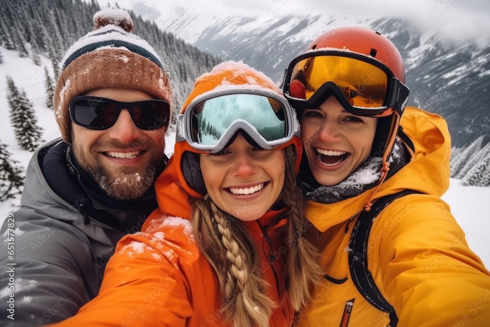 In snowy weather winter skiing season snowboarders happy for selfies winter