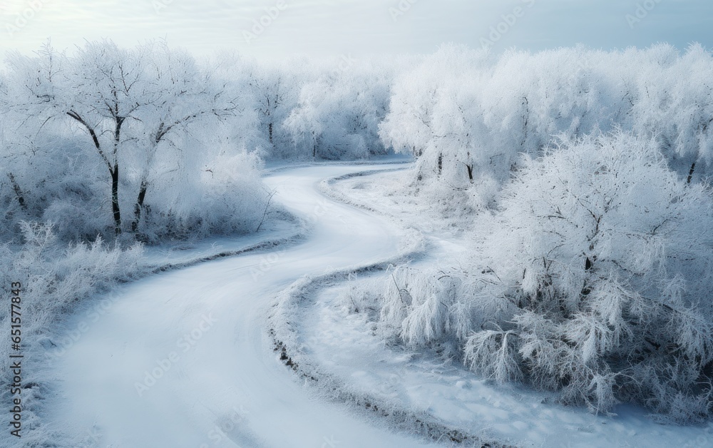 Aerial view of a forest by snow covered road