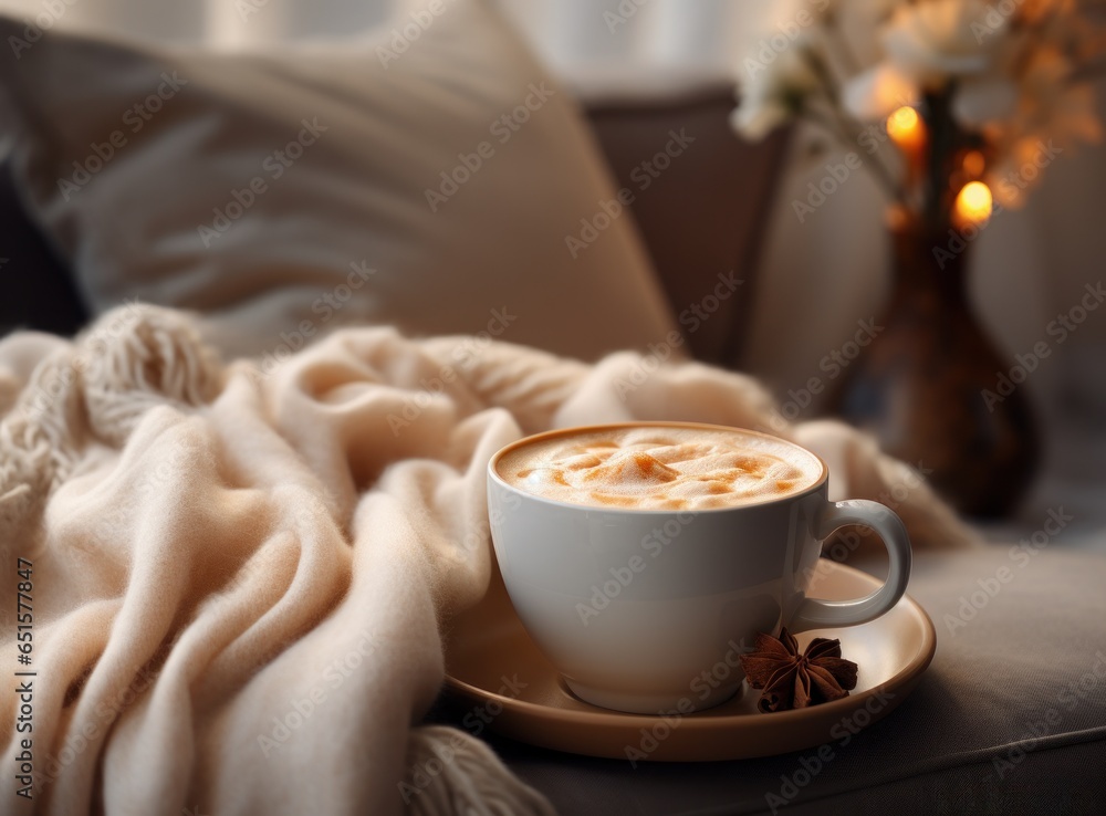 Cozy winter background with cup od coffee