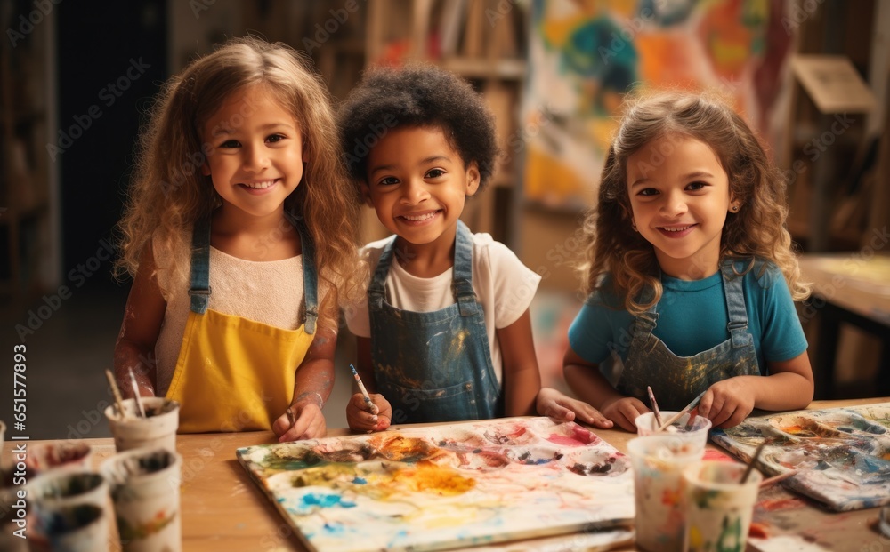 Children painting in art class