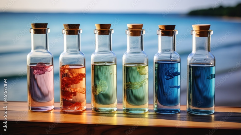 Glasses bottles with different colors of transparent cocktails