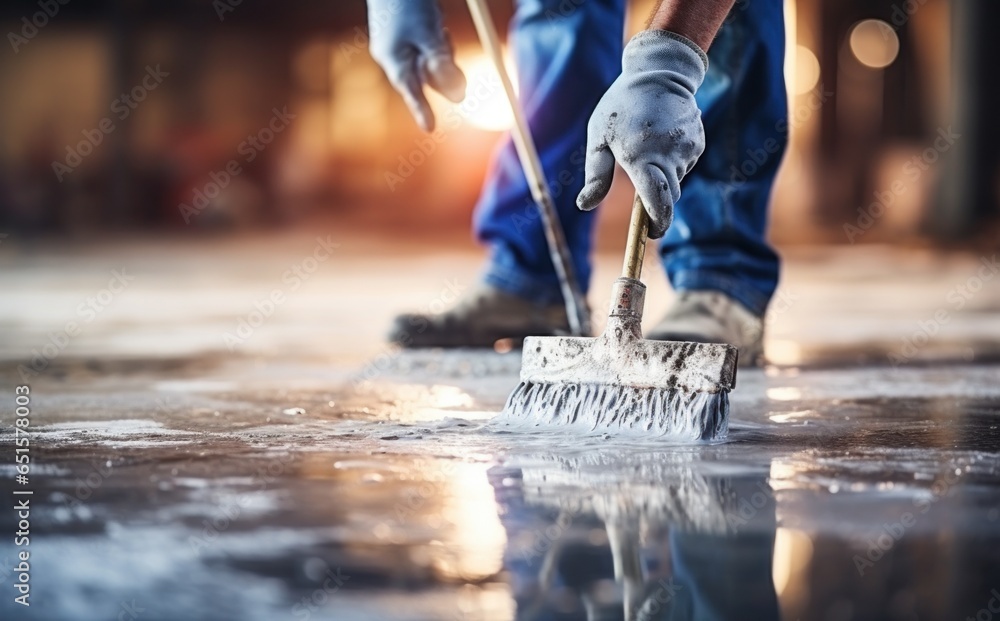 A man is laying cement on a floor