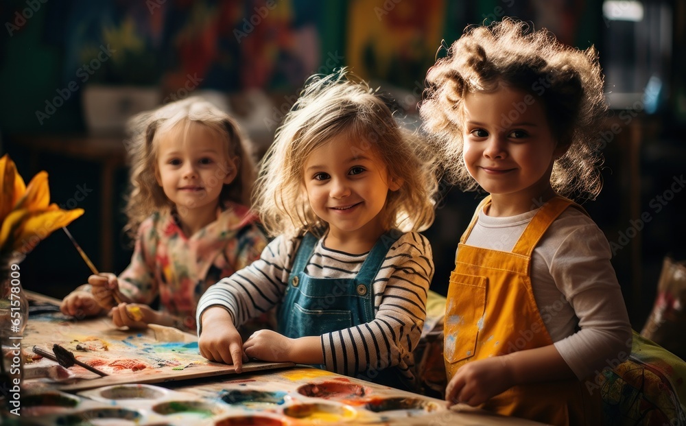 Children painting in art class