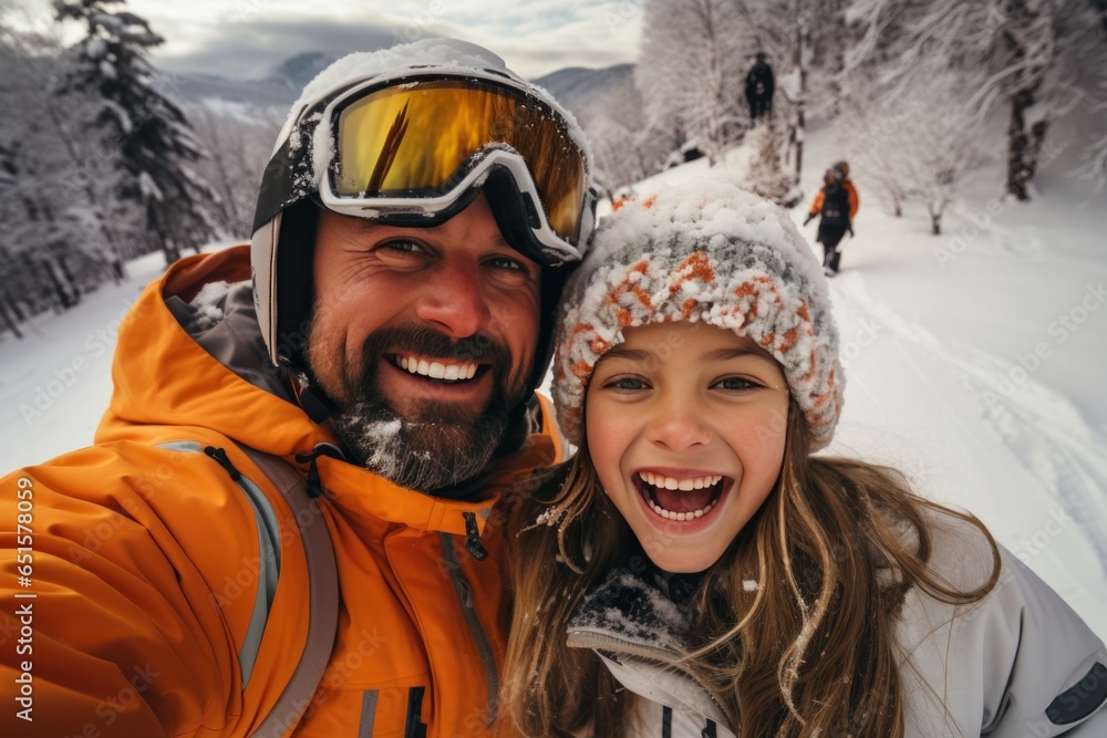 In snowy weather winter skiing season snowboarders happy for selfies winter