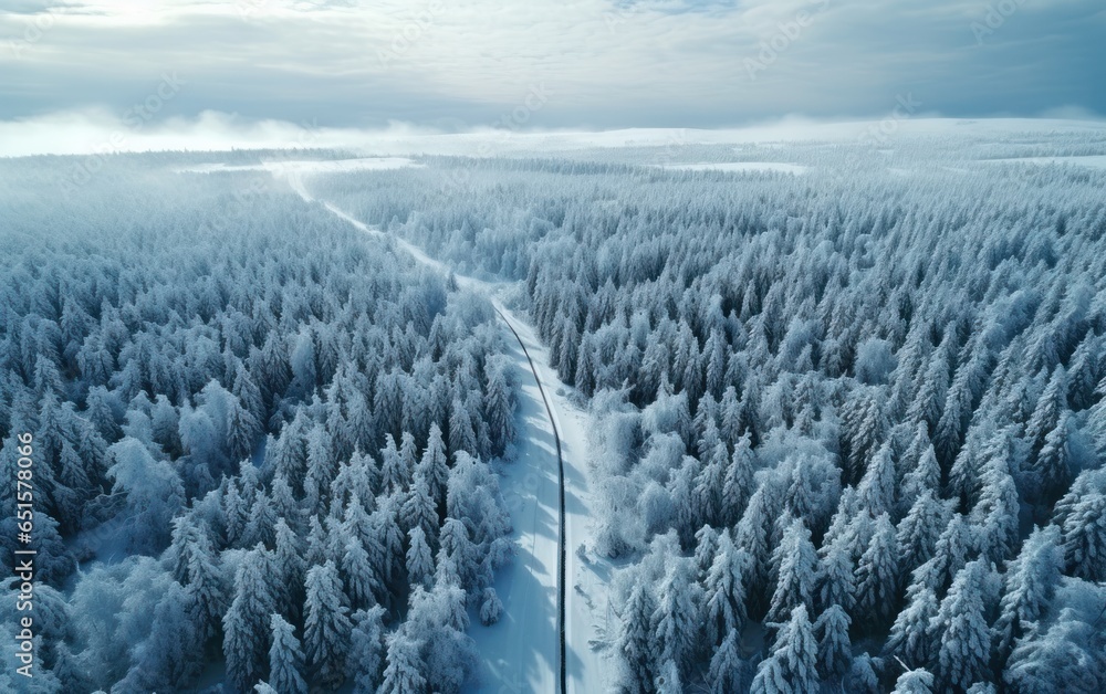 Aerial view of a forest by snow covered road