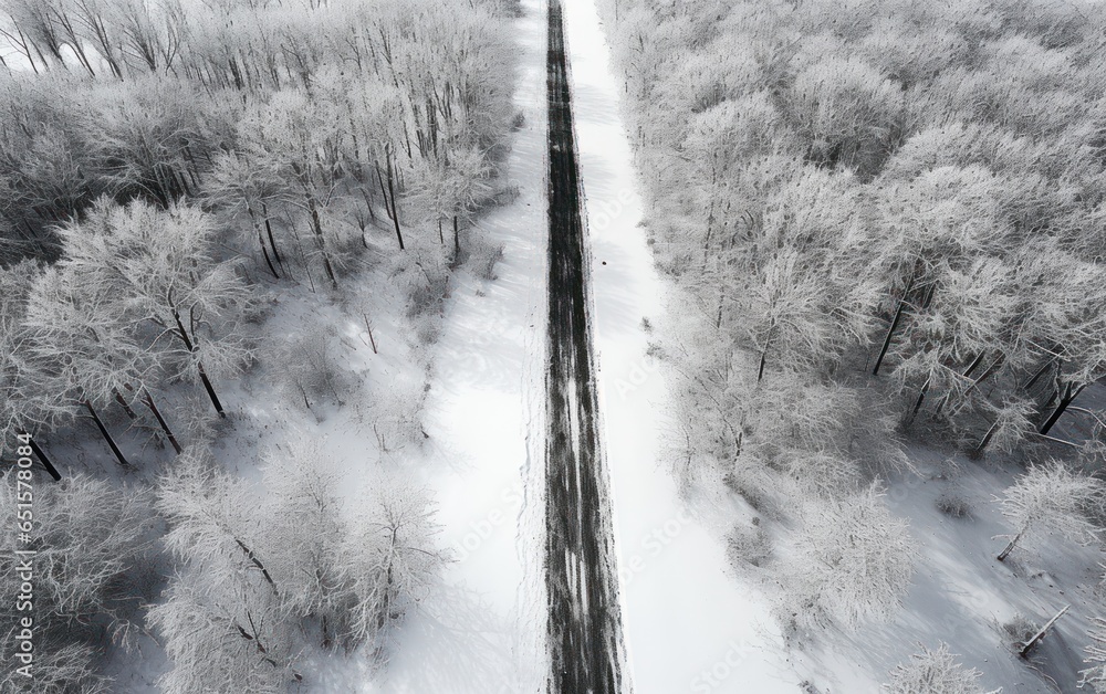 Aerial view of a forest by snow covered road