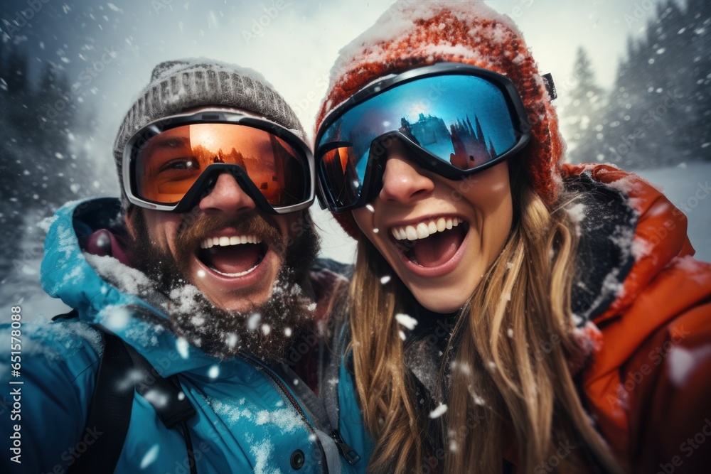 In snowy weather winter skiing season snowboarders happy for selfies winter