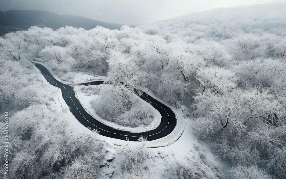 Aerial view of a forest by snow covered road