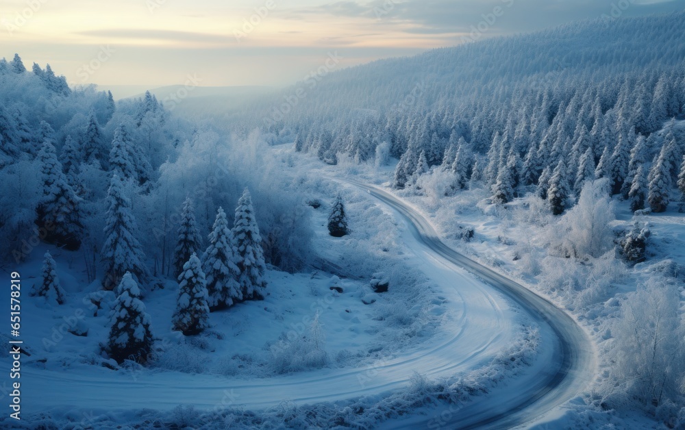 Aerial view of a forest by snow covered road