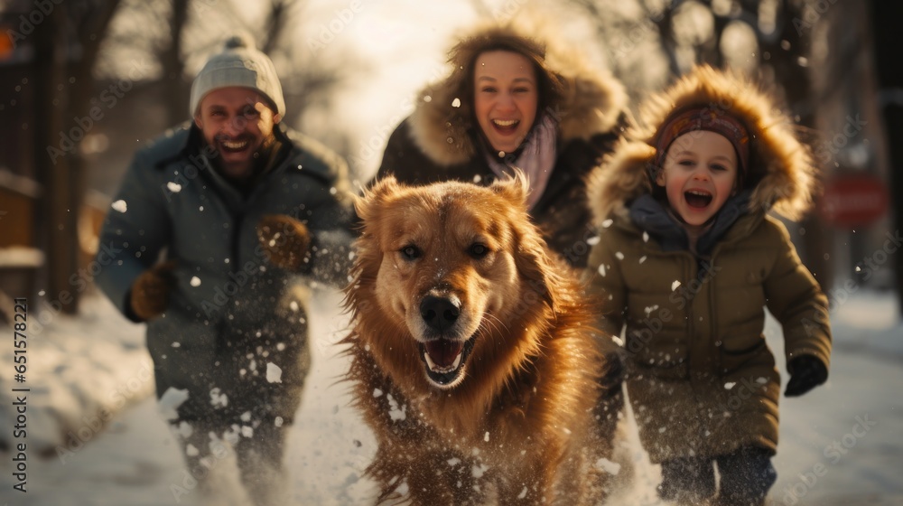 Happy family with dog in winter park