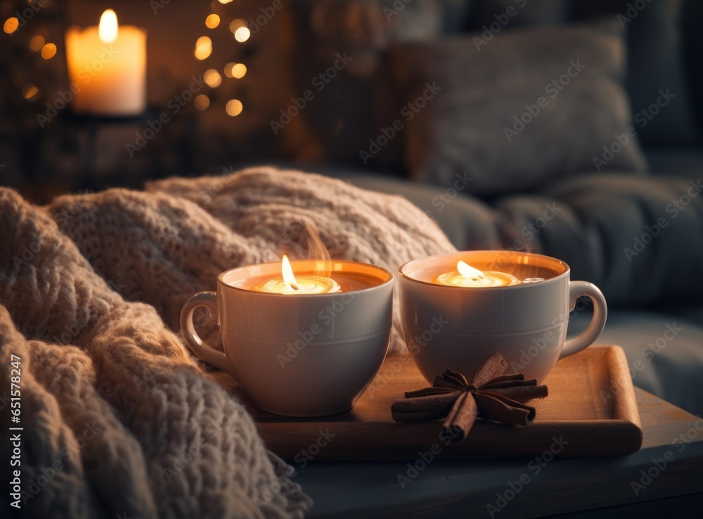 Cozy winter background with cup od coffee