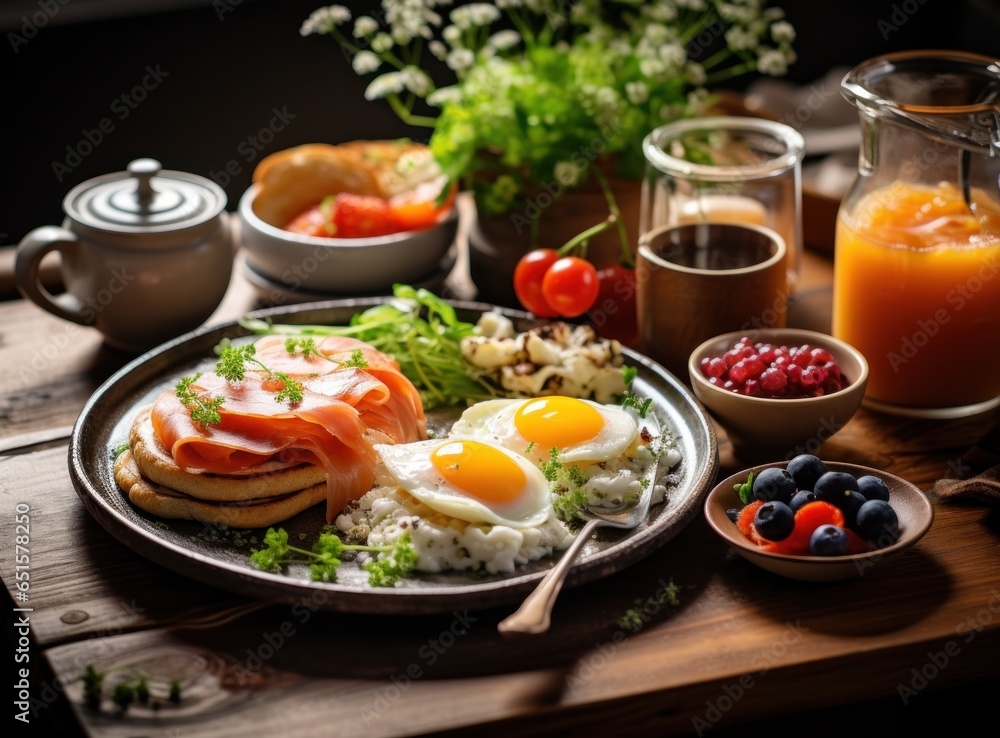 Breakfast plate with fruits and food