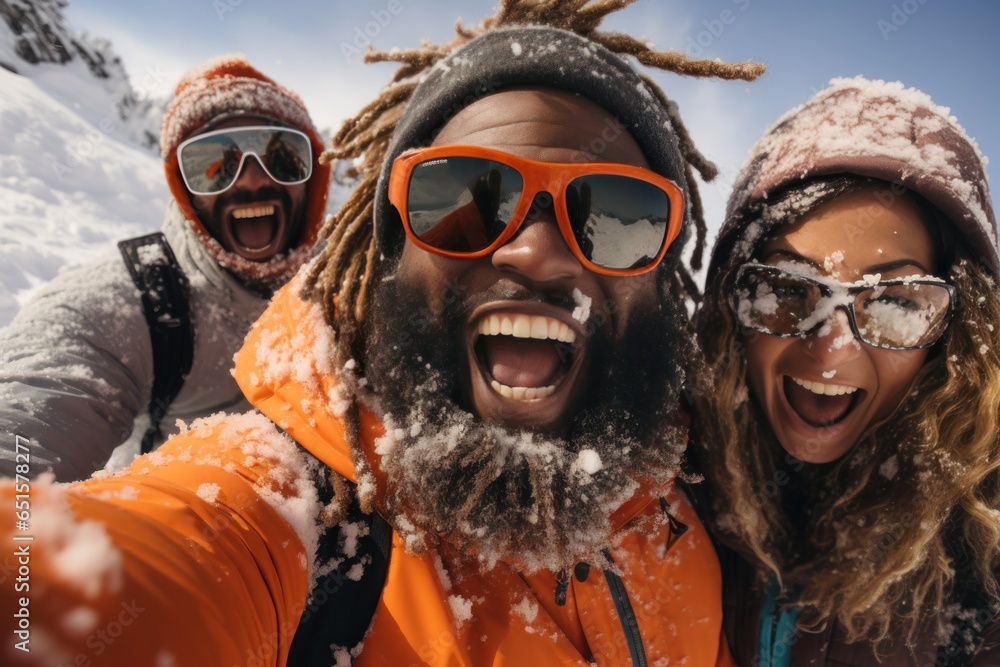 Friend and family snow holiday selfie in winter