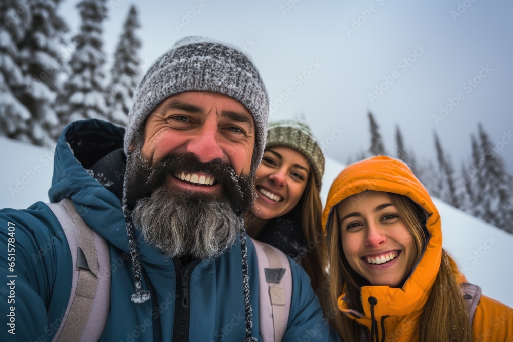 Friend and family snow holiday selfie in winter