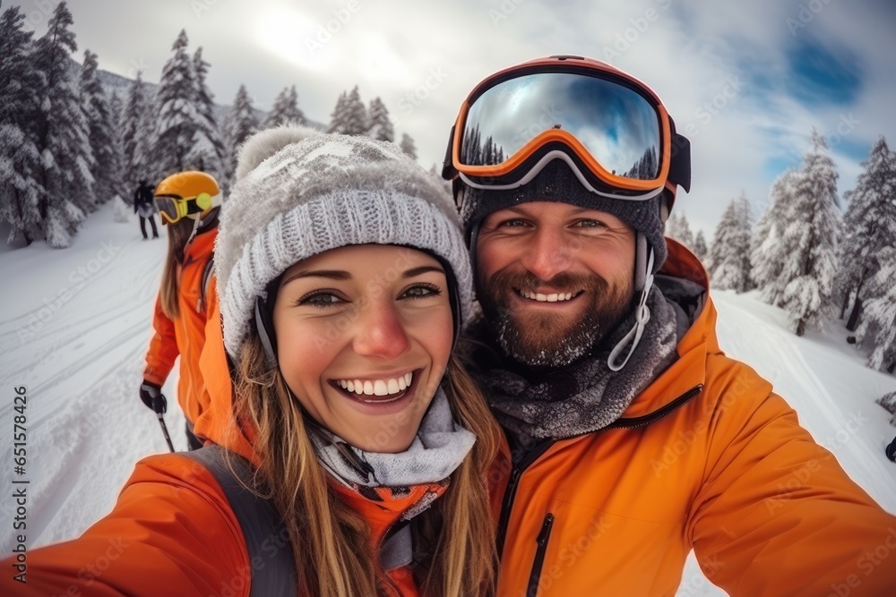 In snowy weather winter skiing season snowboarders happy for selfies winter