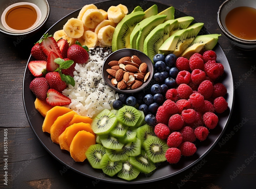 Breakfast plate with fruits and food