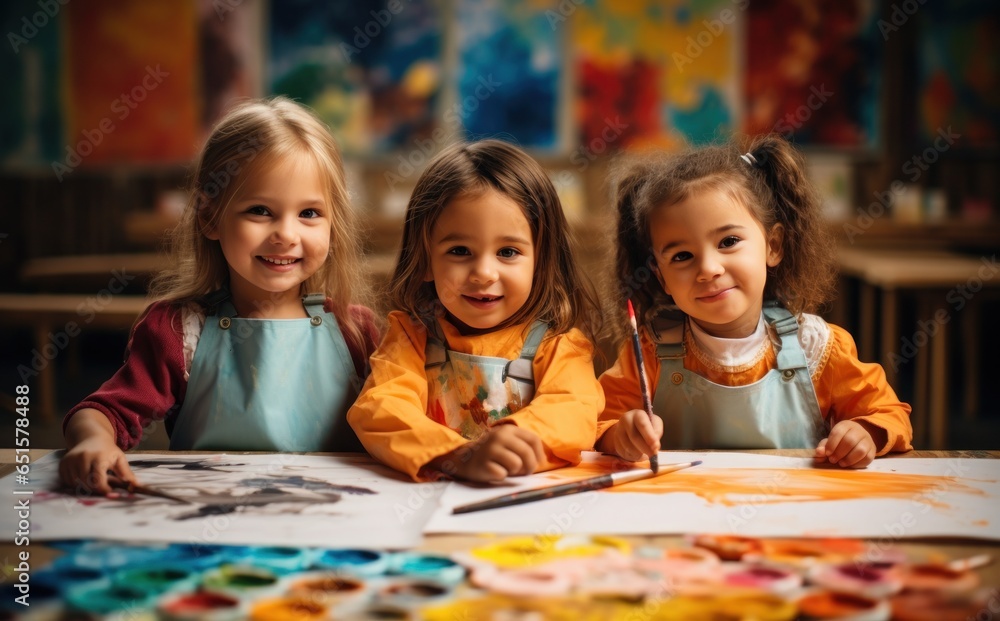 Children painting in art class