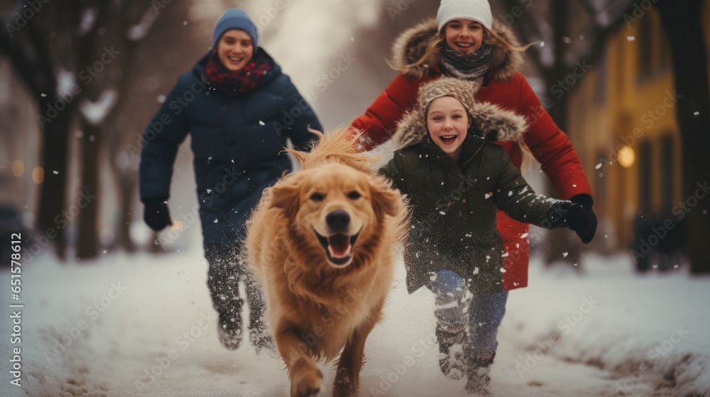 Happy family with dog in winter park