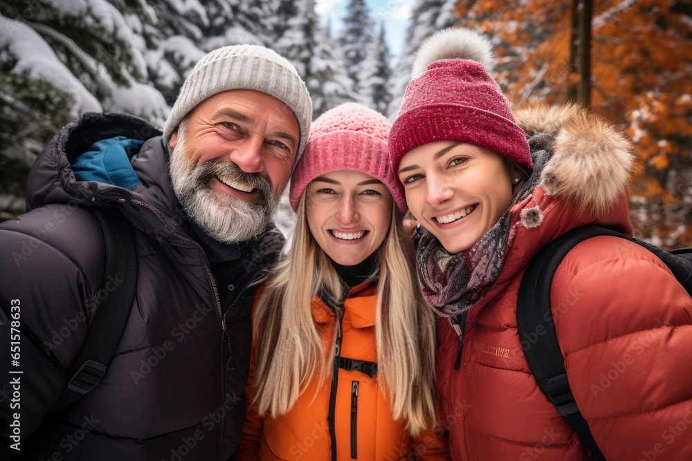 Friend and family snow holiday selfie in winter