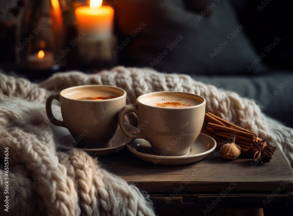 Cozy winter background with cup od coffee