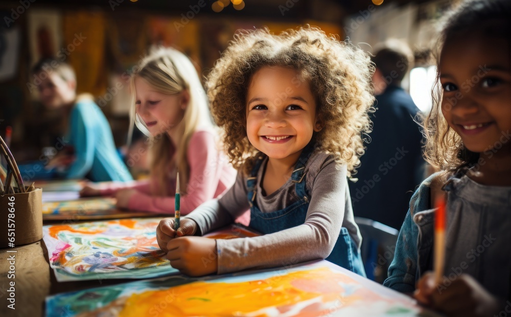 Children painting in art class