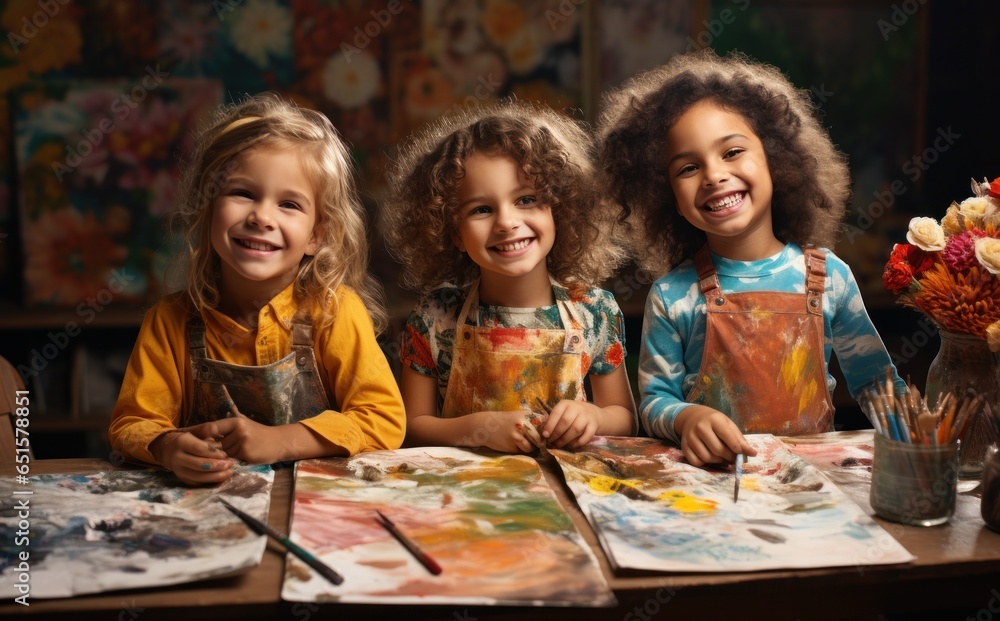 Children painting in art class