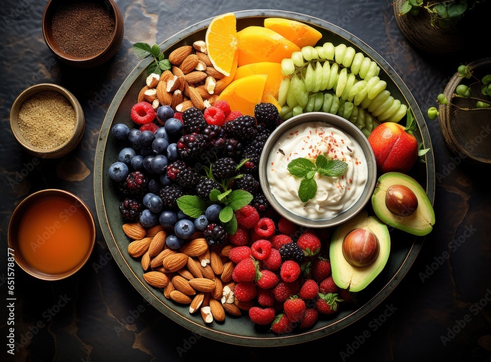 Breakfast plate with fruits and food