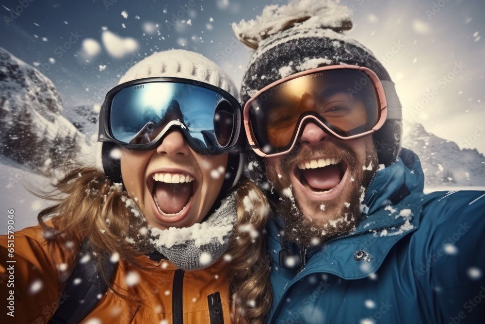 In snowy weather winter skiing season snowboarders happy for selfies winter