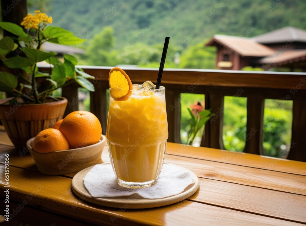 A refreshing drink out of the bottle on a wooden railing